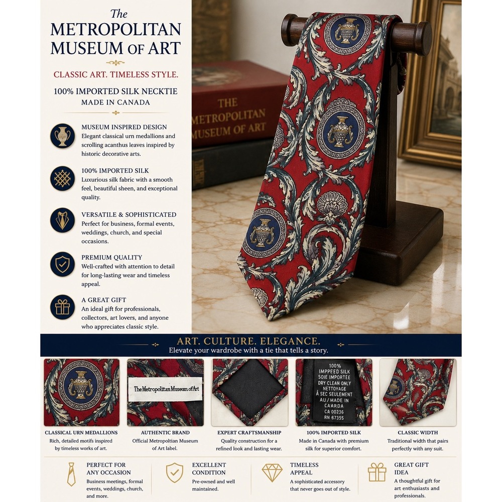 The Metropolitan Museum of Art 100% Silk Necktie Red Blue Classic Pattern